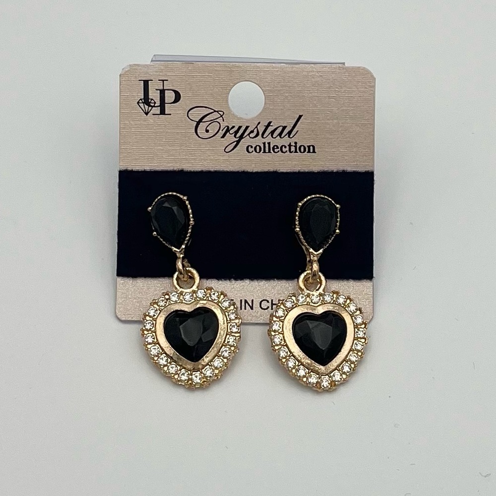 Black Crystal Heart Drop Earrings – Gold-Tone Statement Jewelry